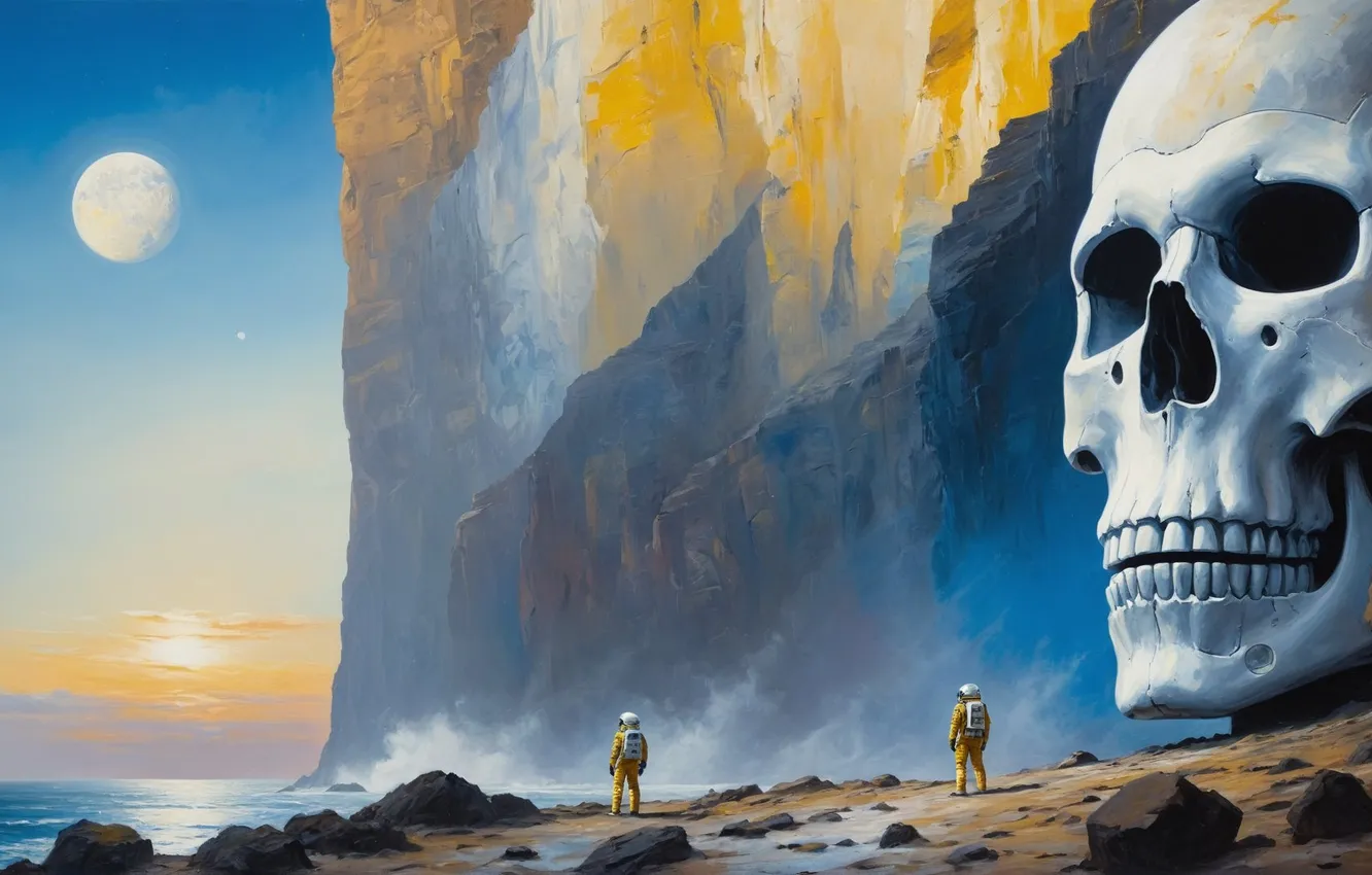 Photo wallpaper rocks, dawn, people, skull