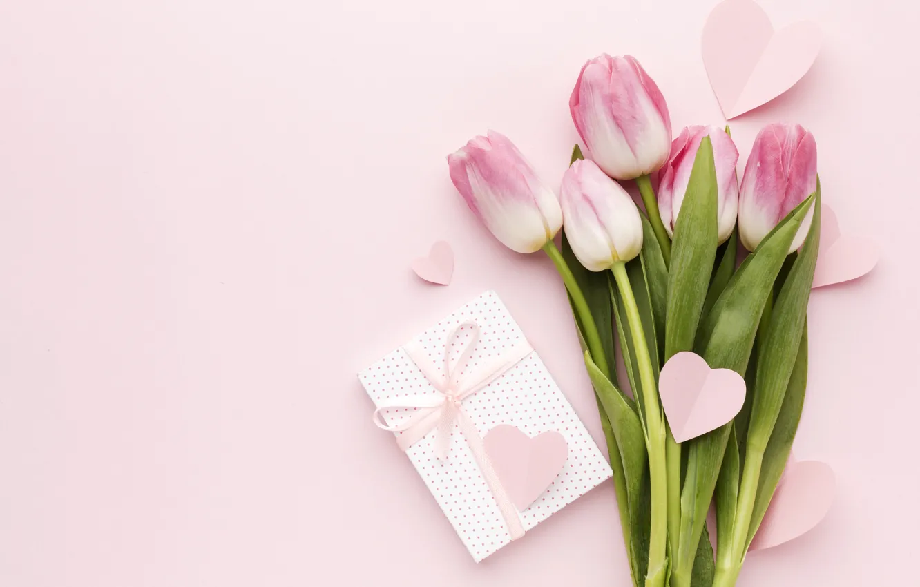 Photo wallpaper love, flowers, gift, bouquet, spring, hearts, tulips, love