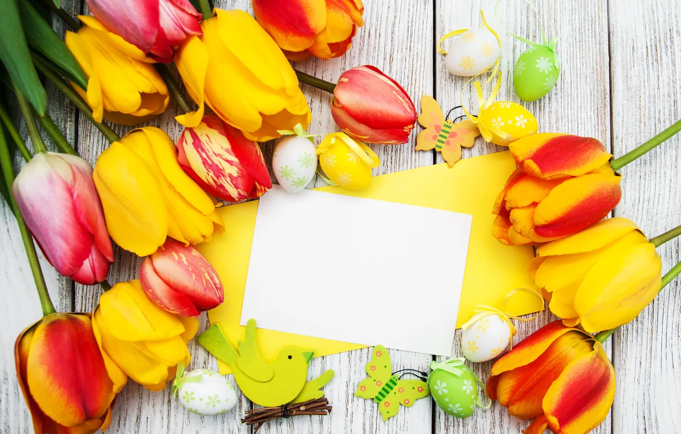 Photo wallpaper flowers, eggs, colorful, Easter, tulips, yellow, wood, pink