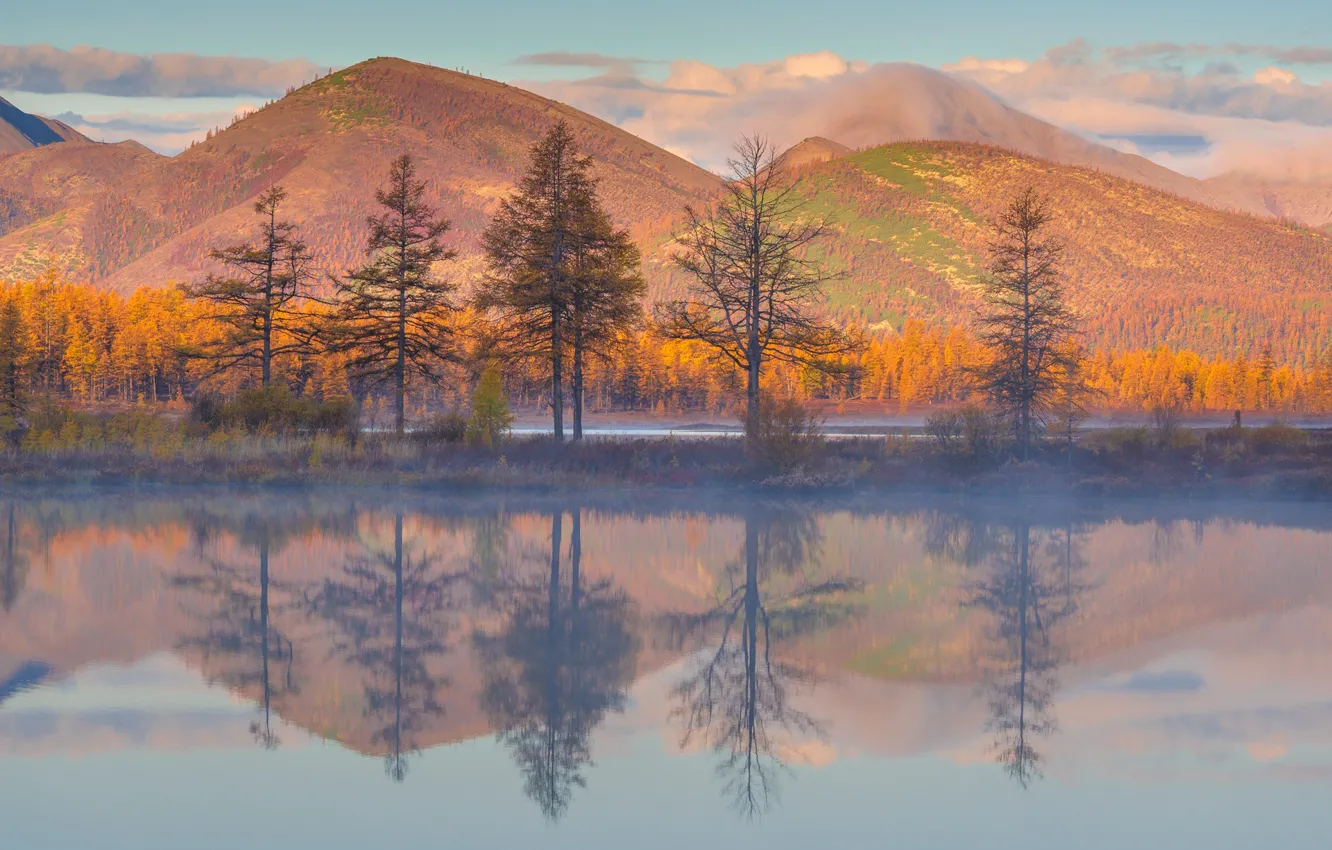 Photo wallpaper autumn, forest, the sky, clouds, trees, mountains, lake, reflection