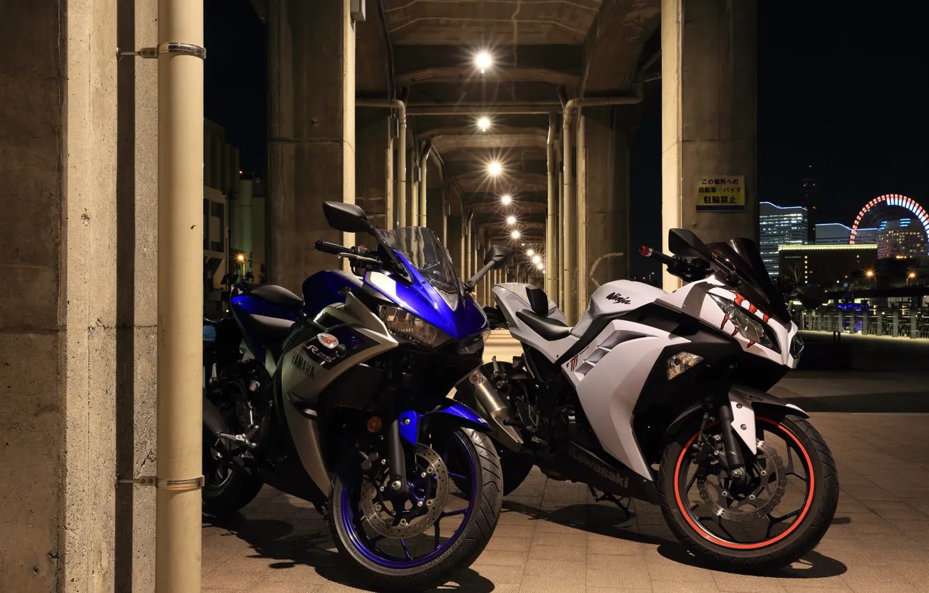 Photo wallpaper the city, Kawasaki, Yamaha, motorbike