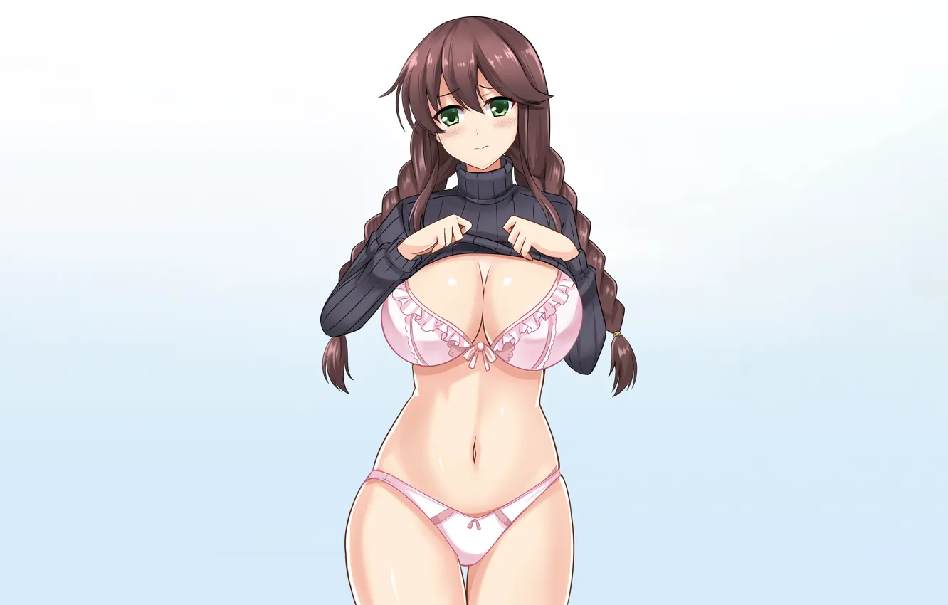 Photo wallpaper girl, sexy, lingerie, bra, cleavage, panties, green eyes, long hair