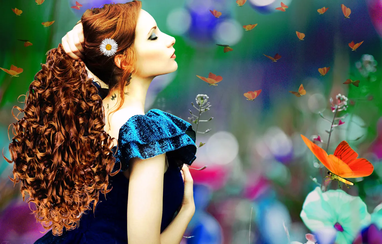 Photo wallpaper girl, flowers, face, butterfly, hair, makeup, art, profile