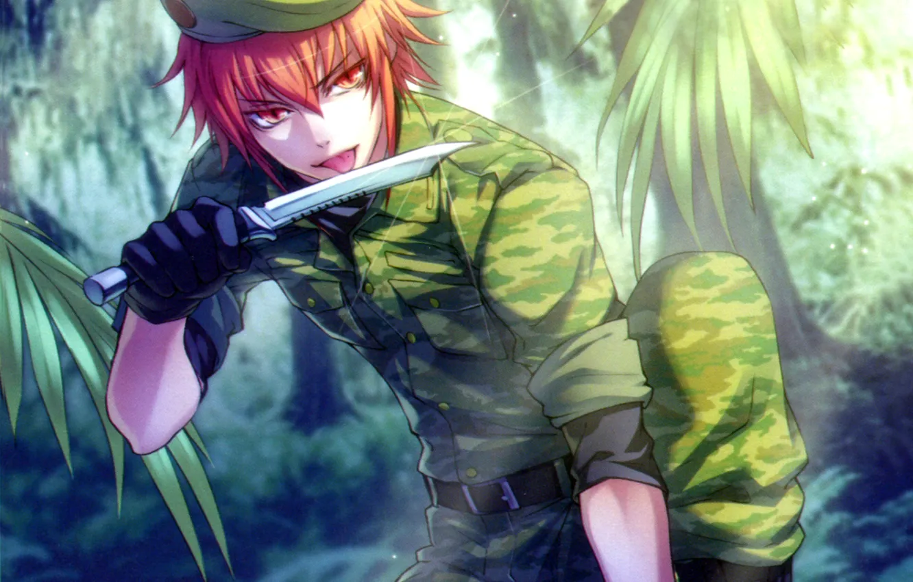 Photo wallpaper language, red, knife, form, camouflage, art, wand of fortune, visual novel