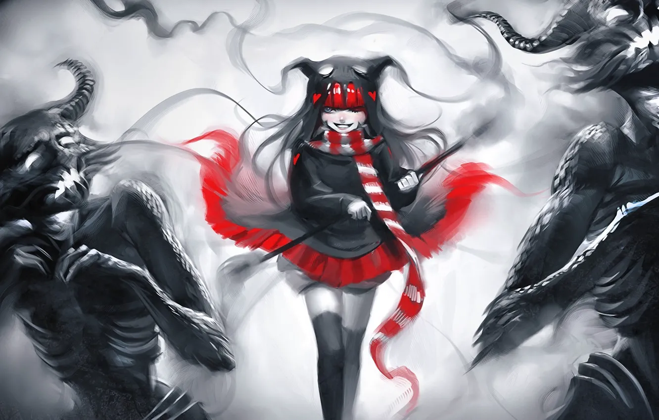 Photo wallpaper red, art, monsters, girl, hearts, horns, black and white, undead