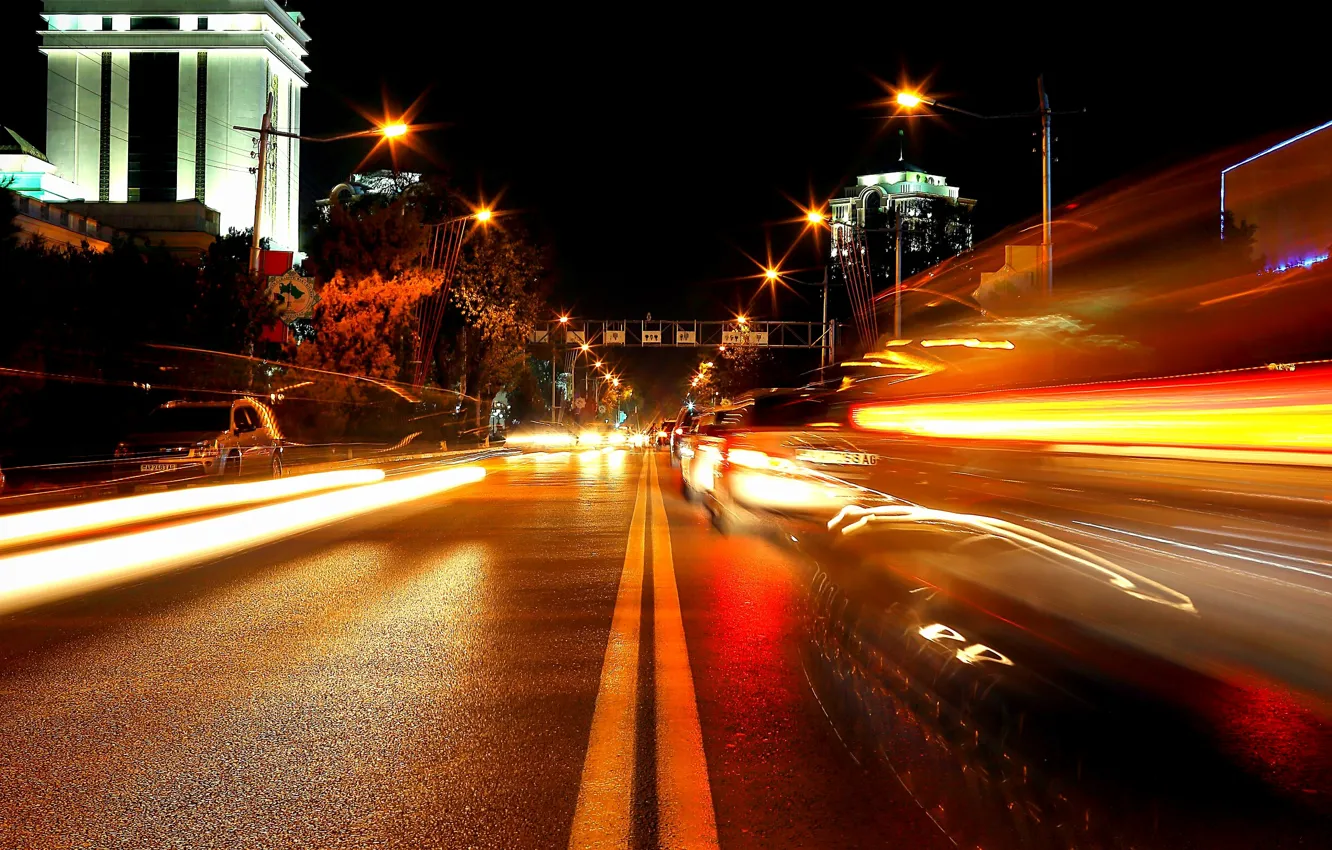 Photo wallpaper road, night, lights, movement, excerpt, light, night, Turkmenistan