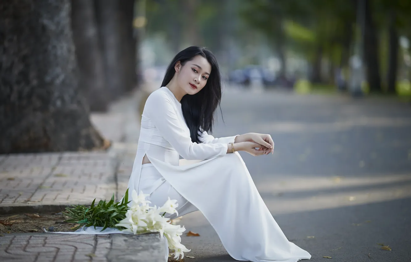 Photo wallpaper look, trees, pose, street, Asian, white dress, a bouquet of flowers, trees