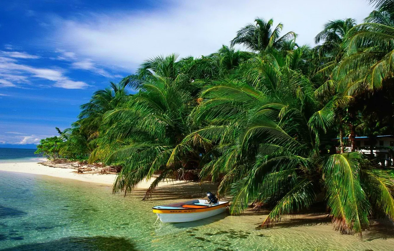 Photo wallpaper sand, sea, beach, the sky, clouds, palm trees, boat, island