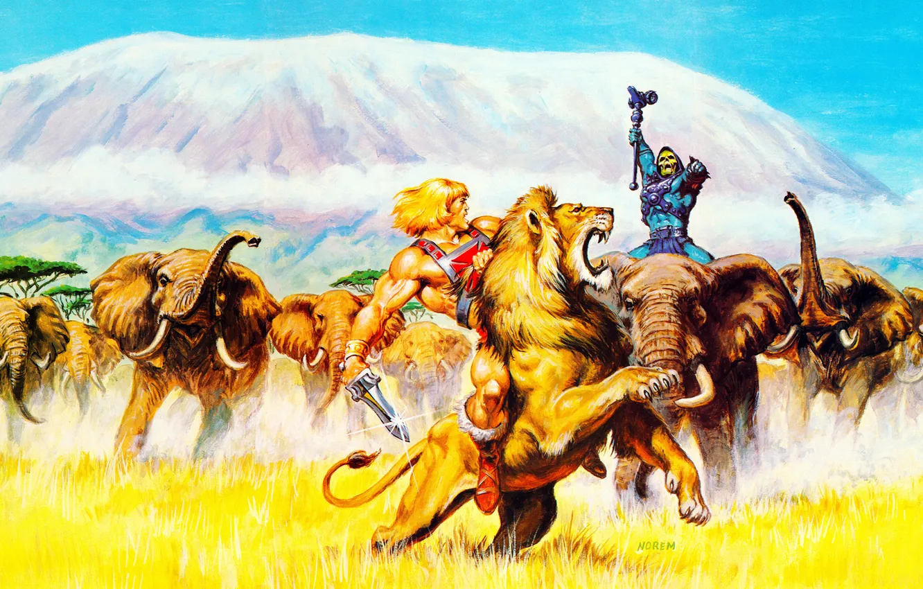 Photo wallpaper mountains, elephant, Leo, hero, Savannah, Skeletor, He-Man