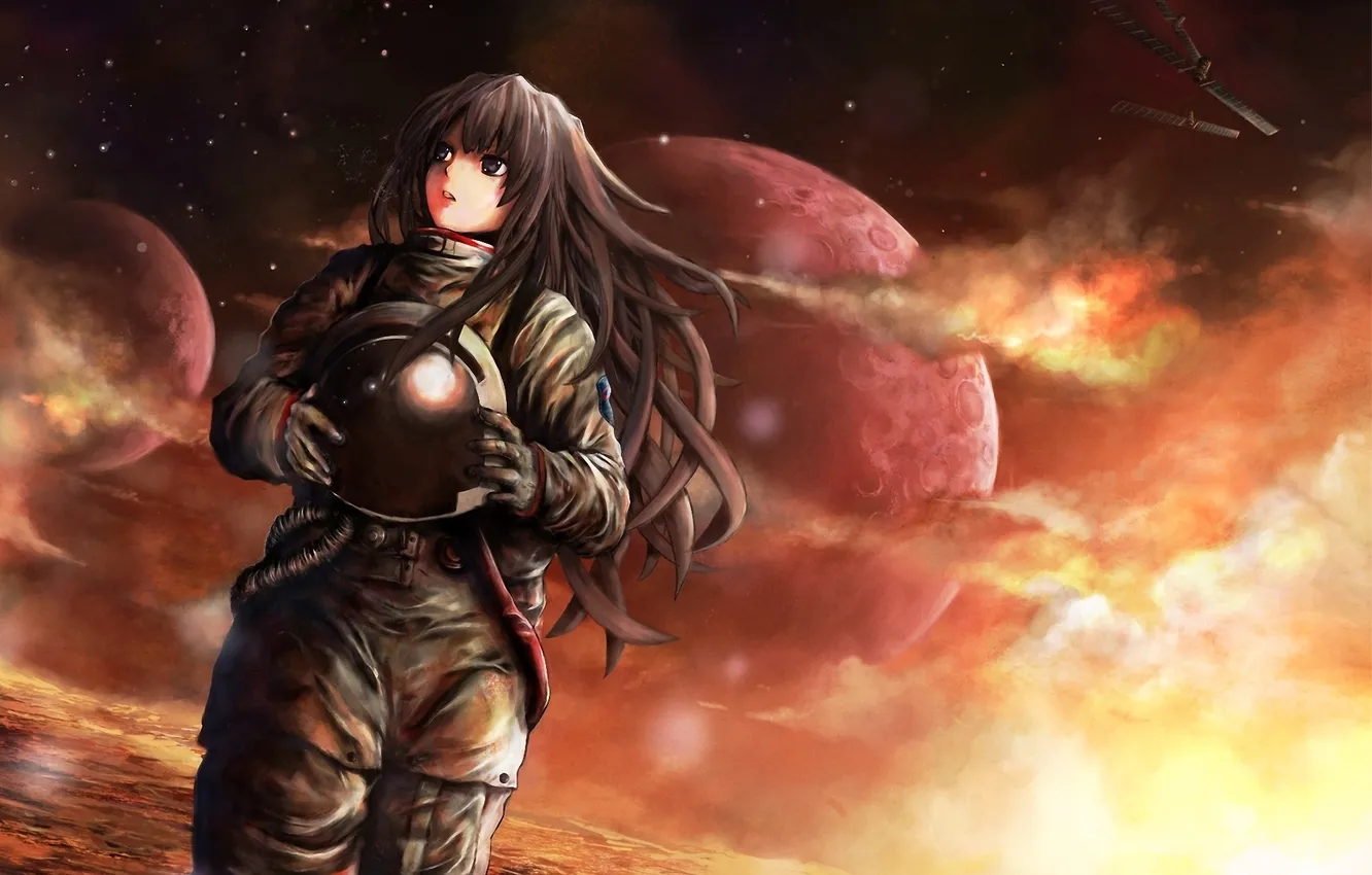 Photo wallpaper water, girl, space, ship, planet, satellite, the suit, helmet