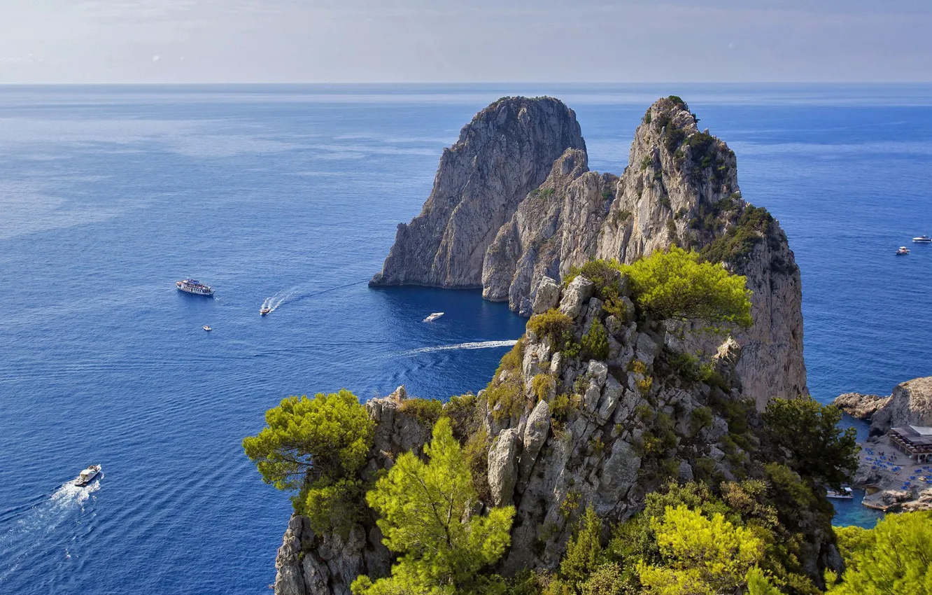 Photo wallpaper sky, trees, sea, landscape, Italy, nature, rocks, boats