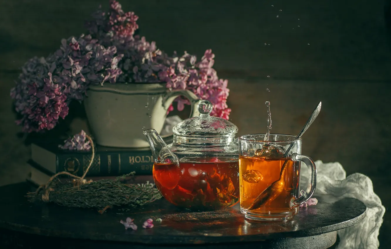 Photo wallpaper squirt, glass, tea, lilac, teapot
