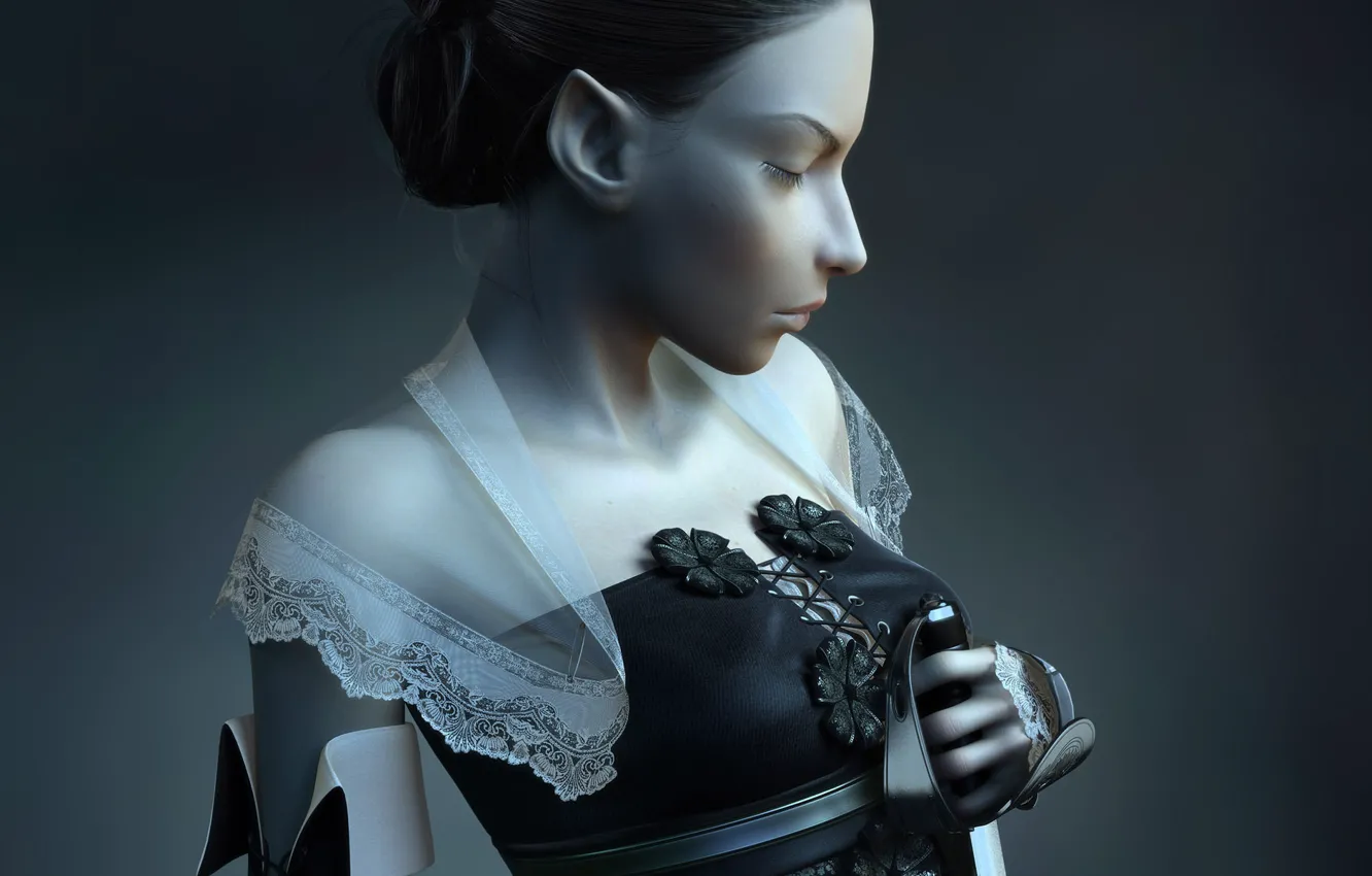 Photo wallpaper girl, elf, profile, sword, pallor