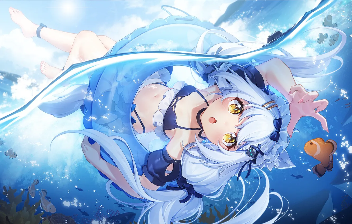 Photo wallpaper girl, fish, under water, Elsa, Virtual youtuber
