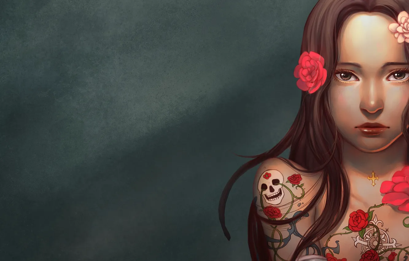 Photo wallpaper Girl, sake, rose, long hair, minimalism, brown eyes, flowers, tattoo