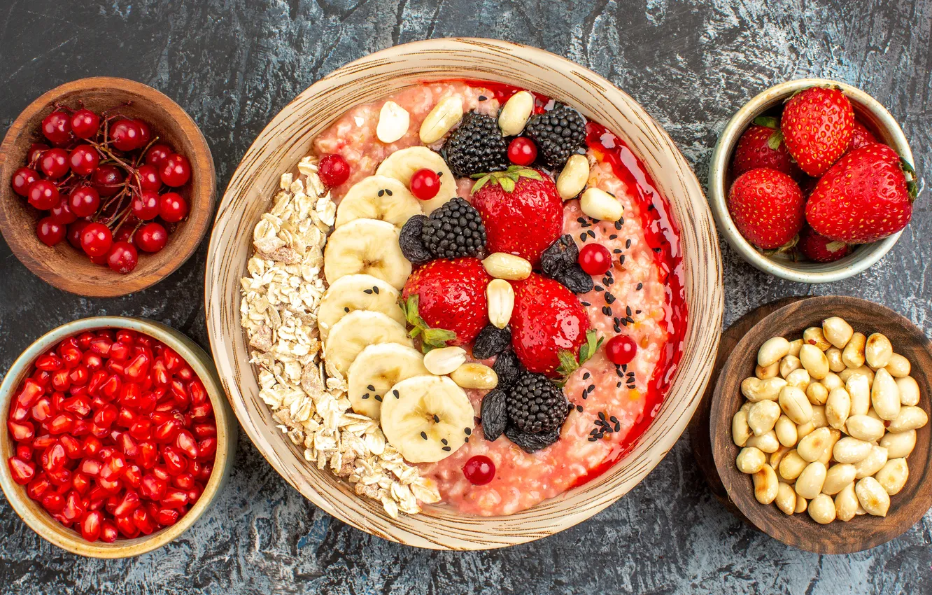 Photo wallpaper berries, Breakfast, strawberry, bananas, bowl, nuts, grey background, seeds