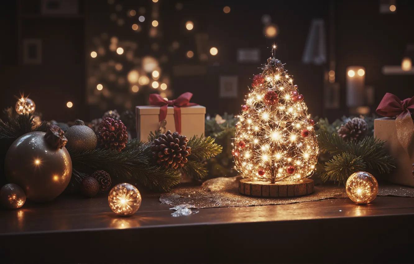 Photo wallpaper room, gift, toy, new year, interior, Christmas, garland, herringbone