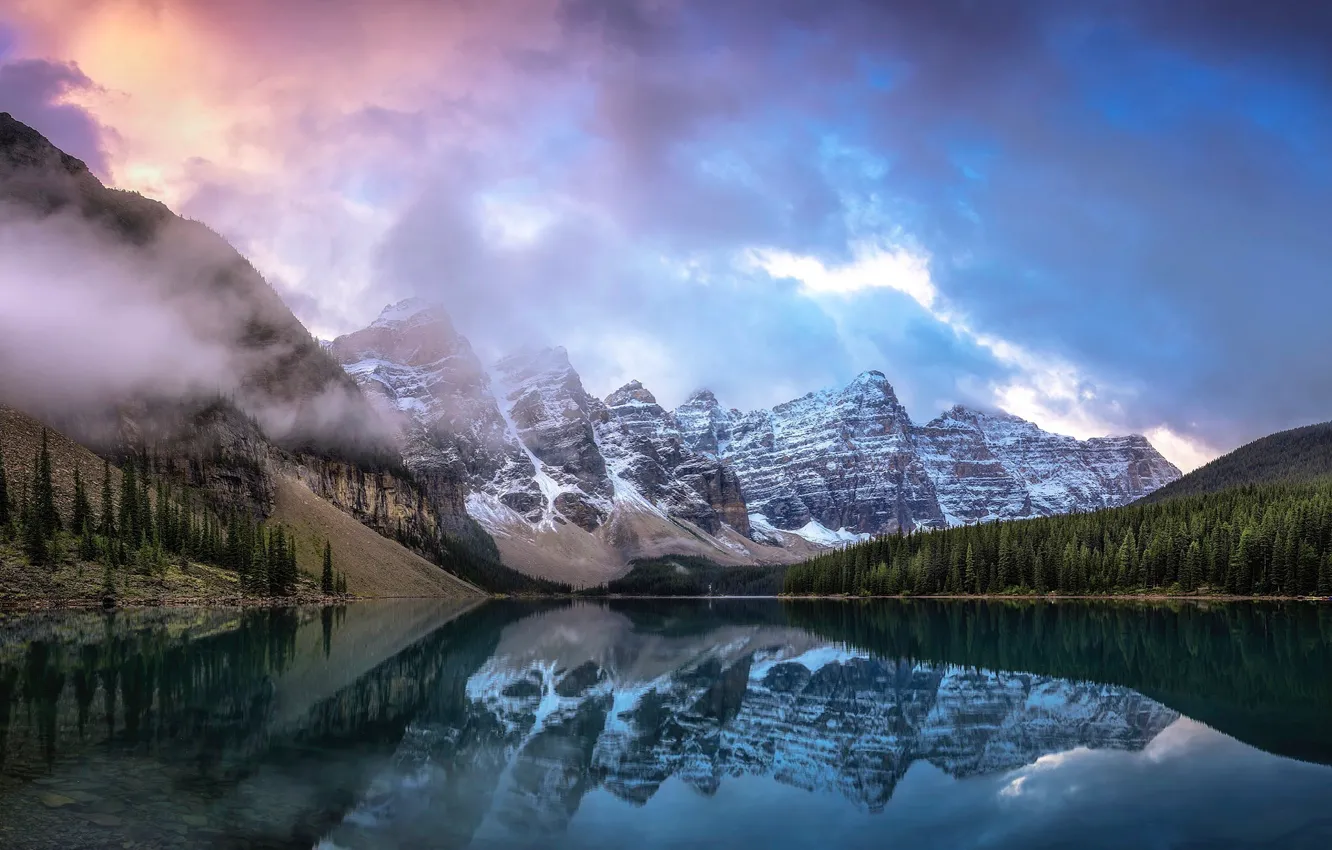 Photo wallpaper forest, the sky, clouds, reflection, mountains, lake, Canada