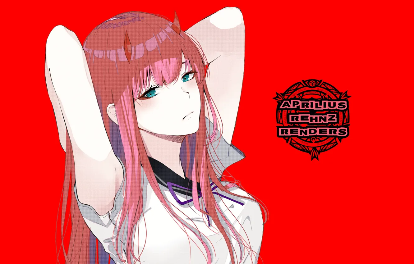 Photo wallpaper girl, horns, red background, 002, Darling In The Frankxx, Cute in France