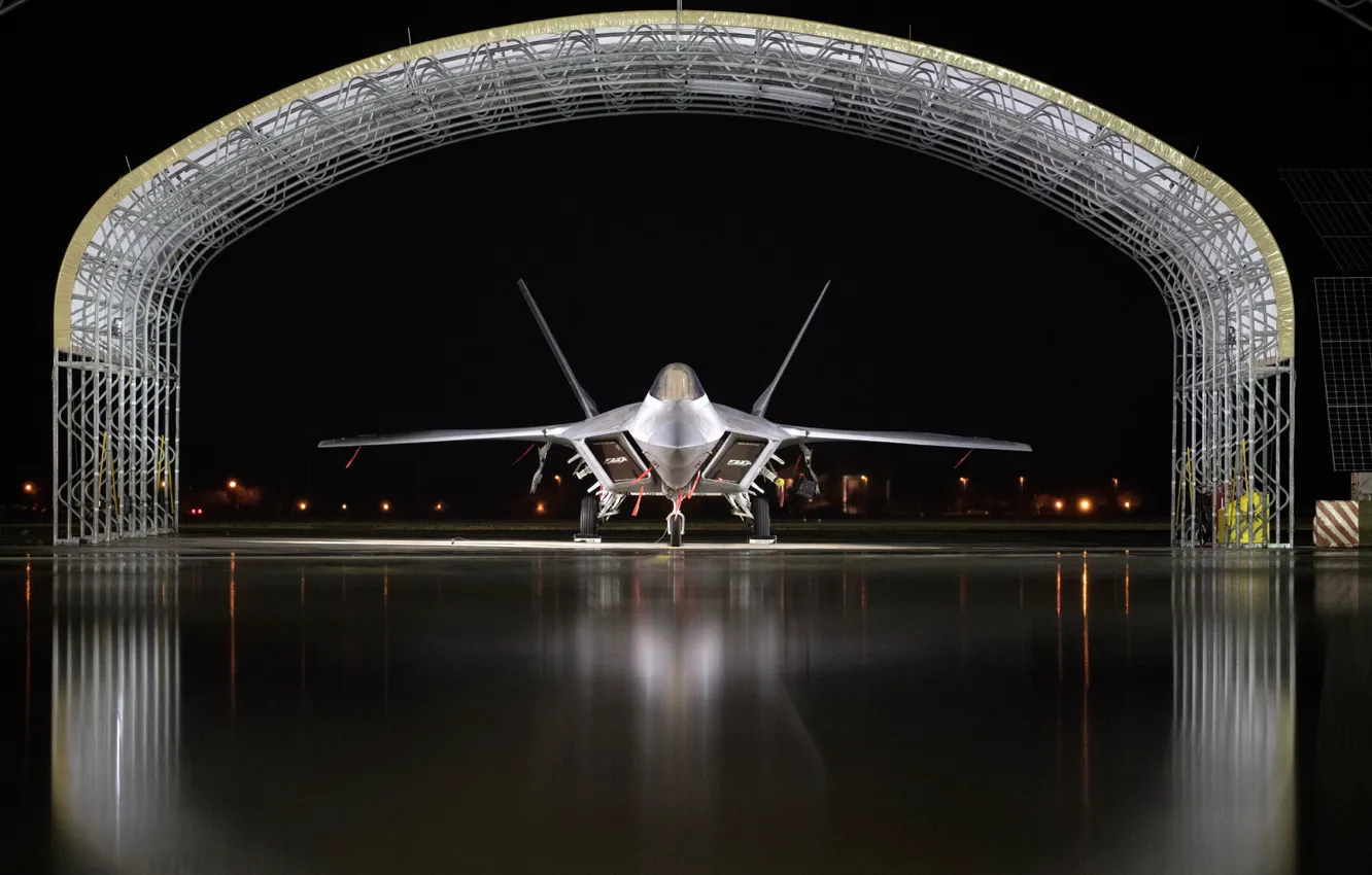 Photo wallpaper hangar, Parking, F-22, Raptor, unobtrusive, Lockheed/Boeing, multi-purpose fighter of the fifth generation