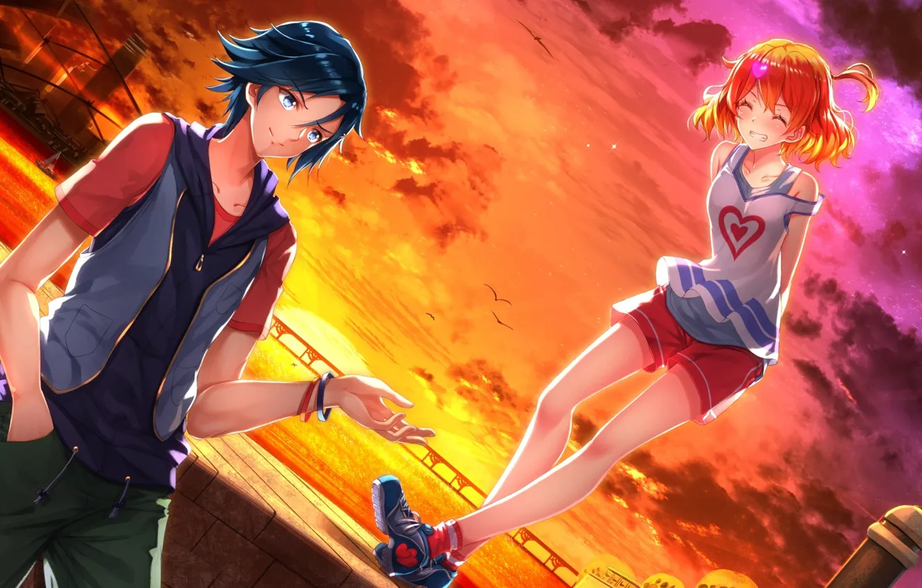 Photo wallpaper sunset, anime, art, girl, guy, macross delta