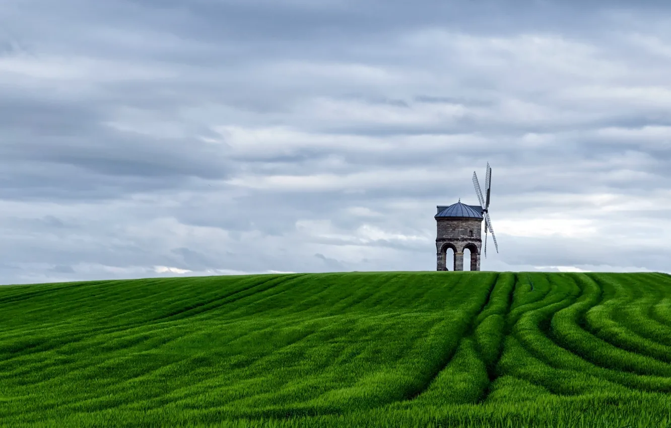 Photo wallpaper greens, field, the sky, clouds, landscape, Mill