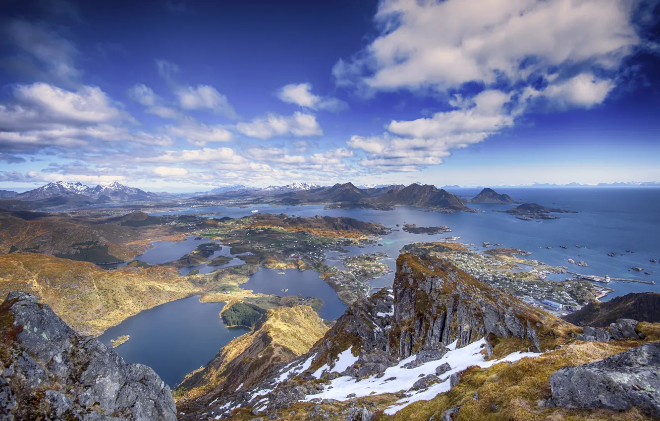 Photo wallpaper sea, the sky, clouds, snow, mountains, rocks, island