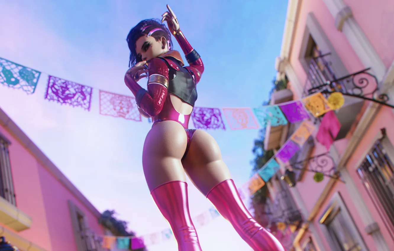 Photo wallpaper Halloween, ass, bodysuit, sky, Mexico, stockings, clouds, street