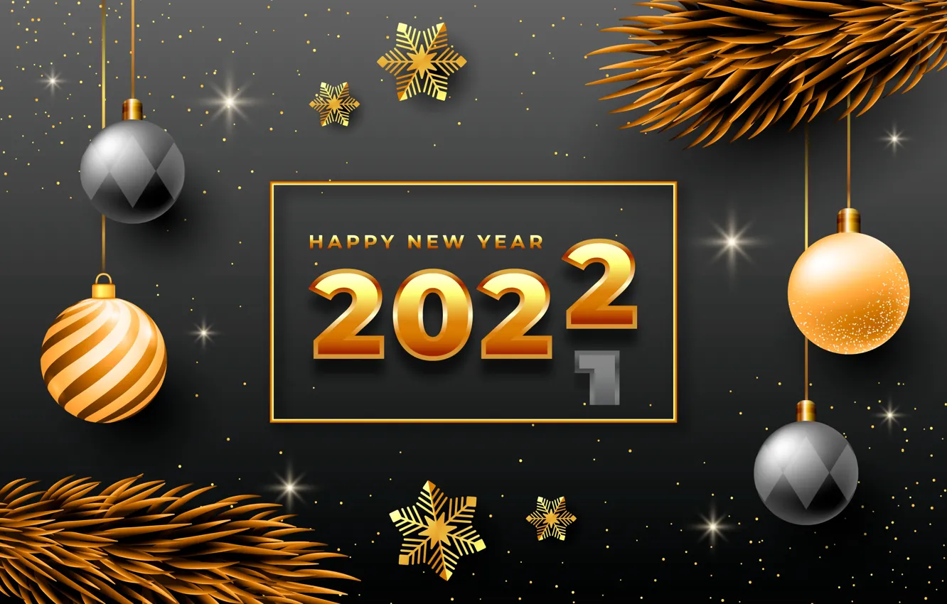Photo wallpaper balls, snowflakes, background, balls, figures, New year, 2022