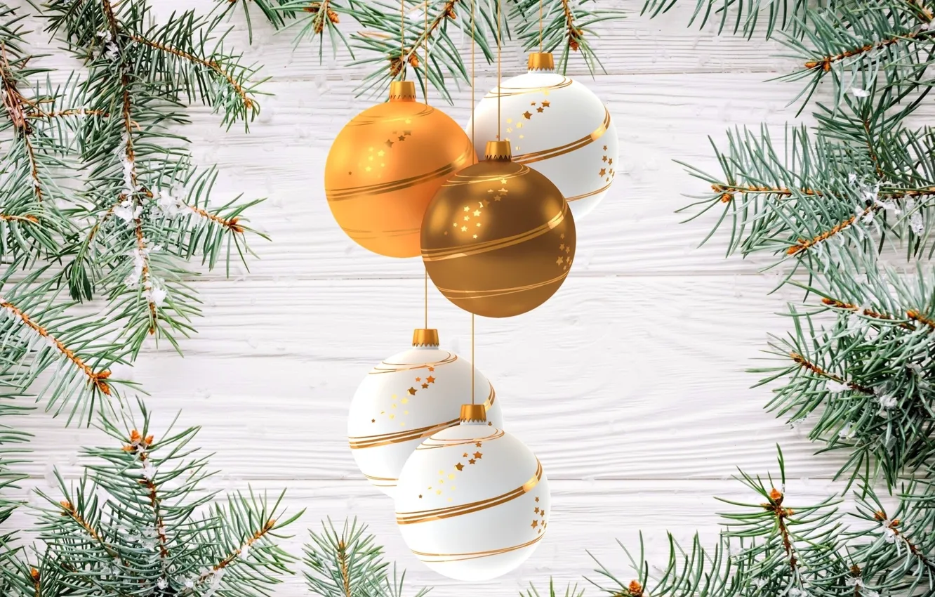 Photo wallpaper snow, branches, background, holiday, balls, new year, composition