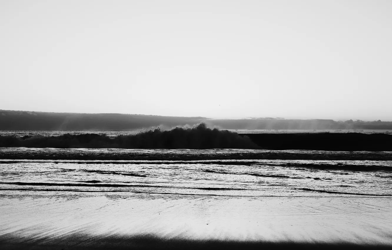 Photo wallpaper sand, sea, wave, the ocean, black & white, shore, surf, black and white