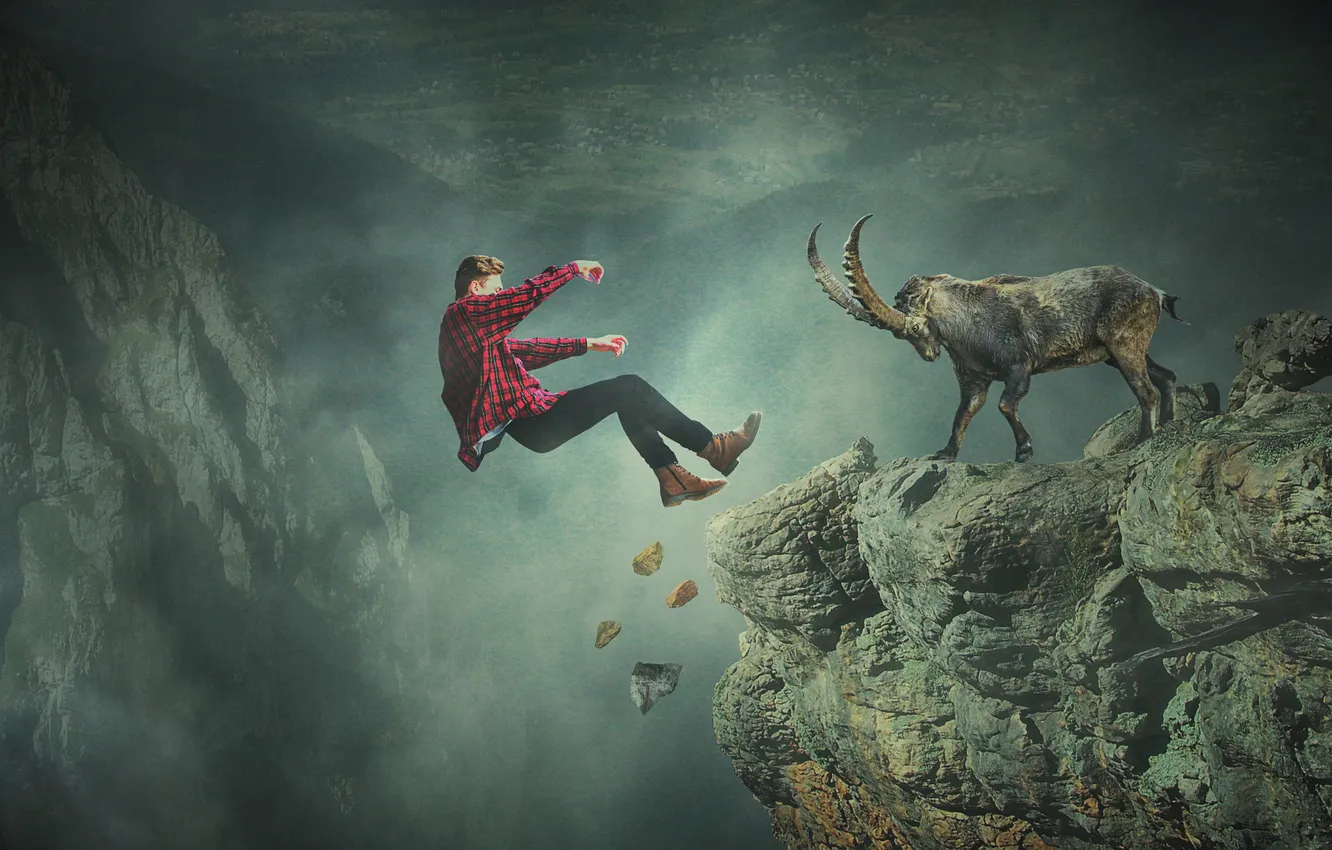 Photo wallpaper mountains, rendering, rocks, the situation, drop, horns, guy, goat