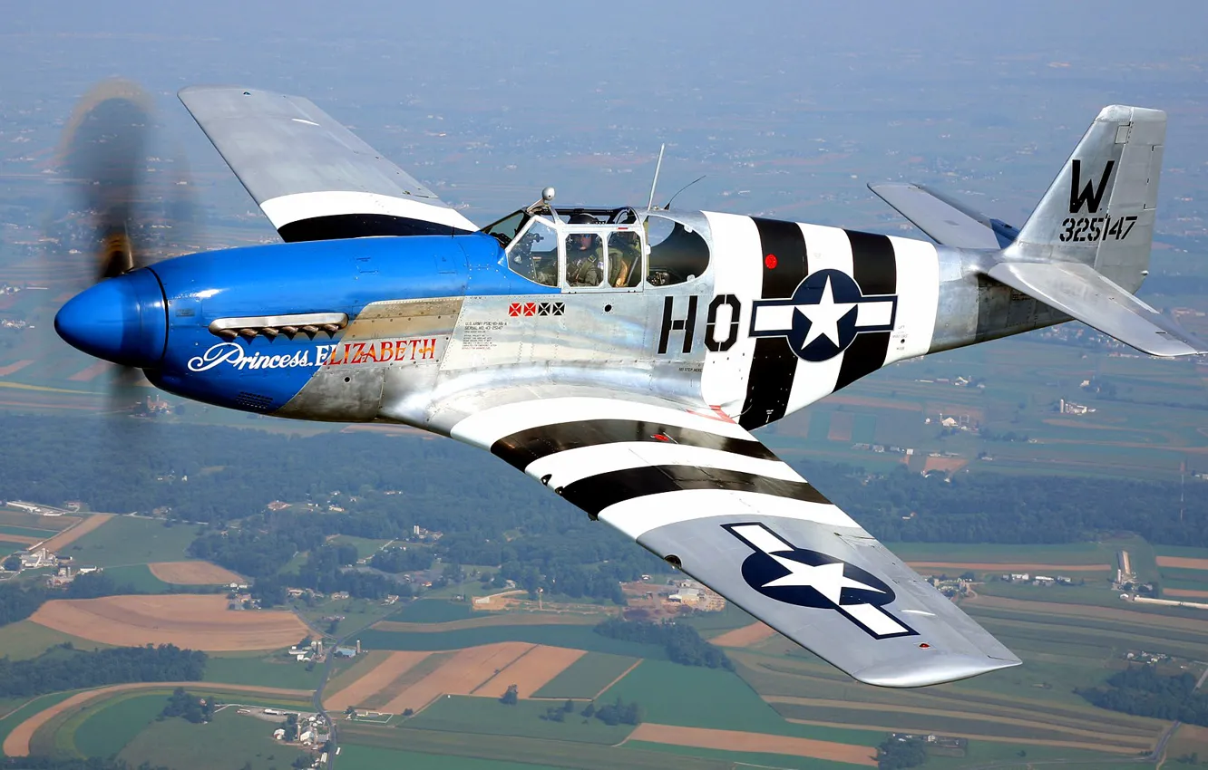 Photo wallpaper flight, retro, the plane, landscape, fighter, pilot, P-51 Mustang