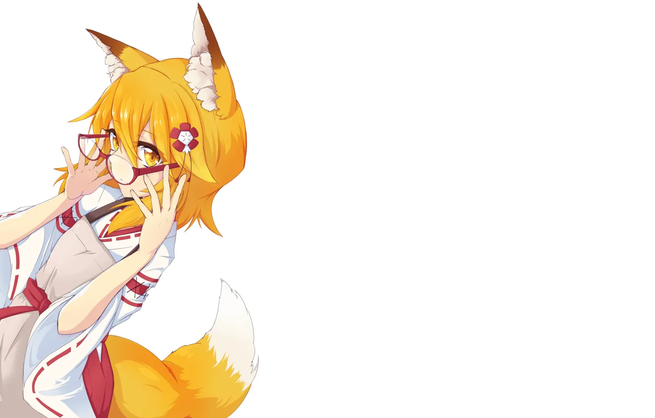 Photo wallpaper girl, glasses, white background, Fox, The Helpful Fox Senko-san