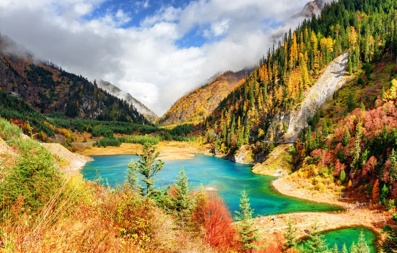 Photo wallpaper Mountains, Autumn, Lake, Forest, China, Park, Jiuzhaigou, Parks