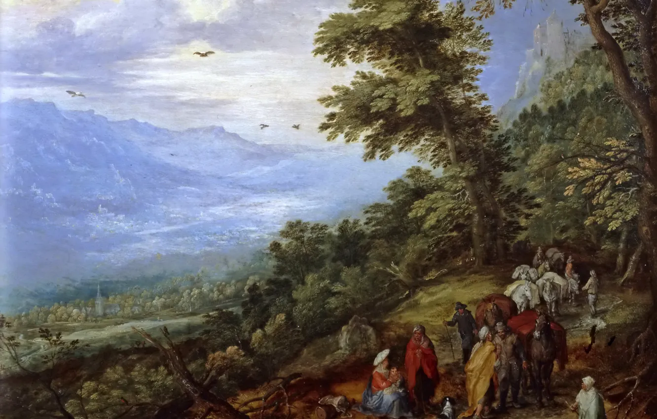 Photo wallpaper trees, landscape, mountains, people, picture, Jan Brueghel, Gypsy camp on a Forest Road