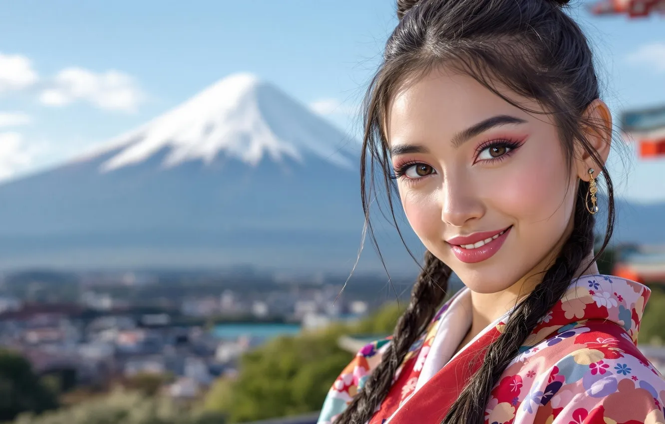 Photo wallpaper smile, valley, Asian, beautiful girl, bokeh, digital art, Fuji, digital art