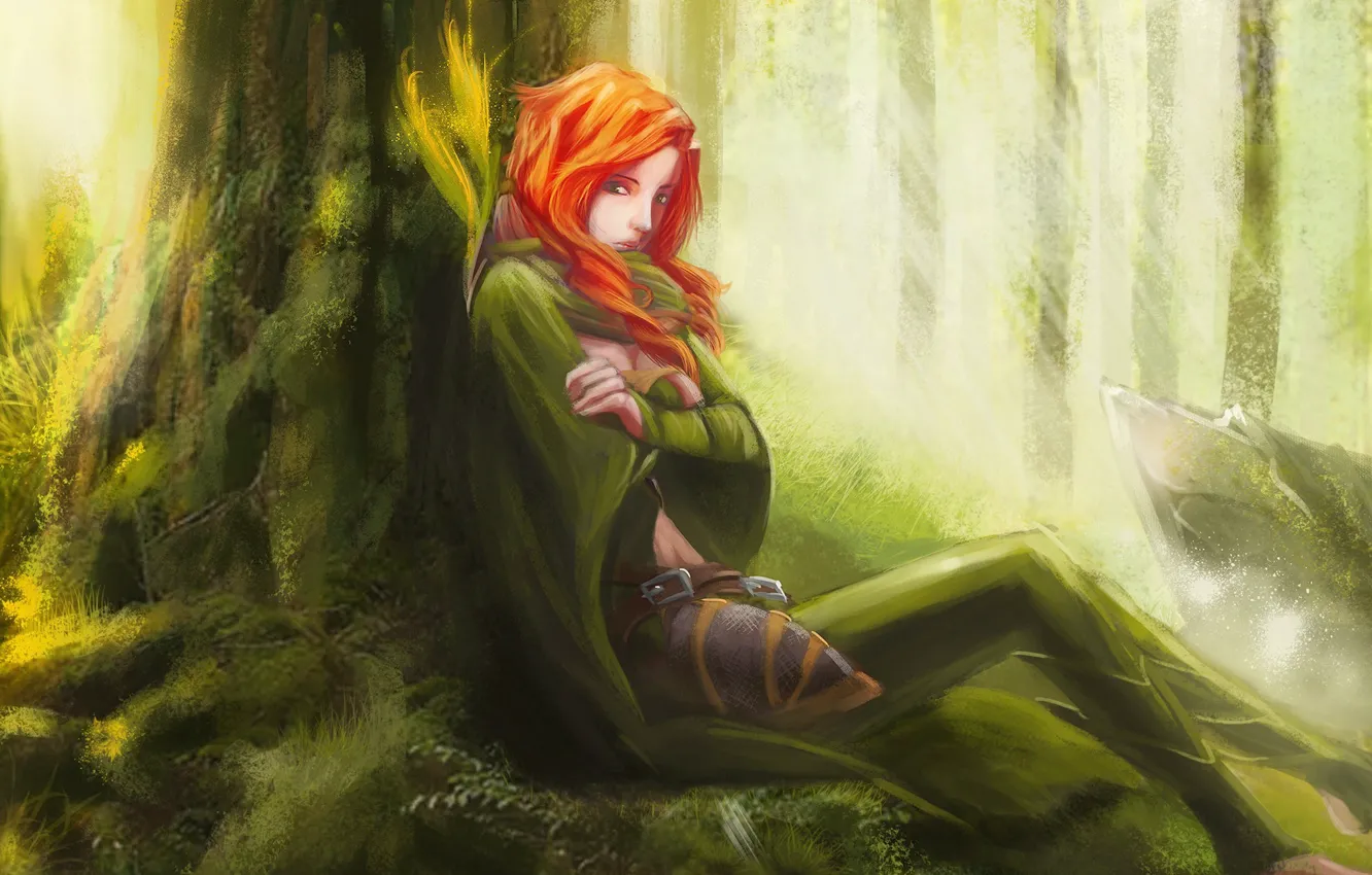 Photo wallpaper forest, girl, art, red, sitting, dota 2, windrunner