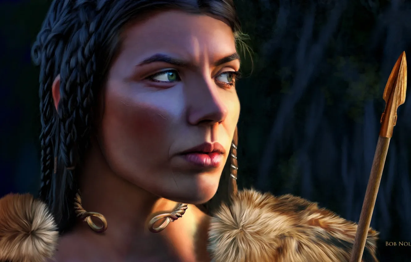 Photo wallpaper girl, art, fur, braid, arrows, Celtic princess