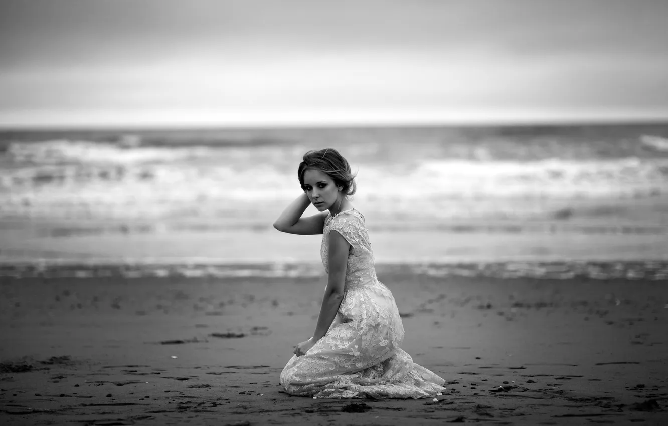 Photo wallpaper sand, wave, beach, girl, dress