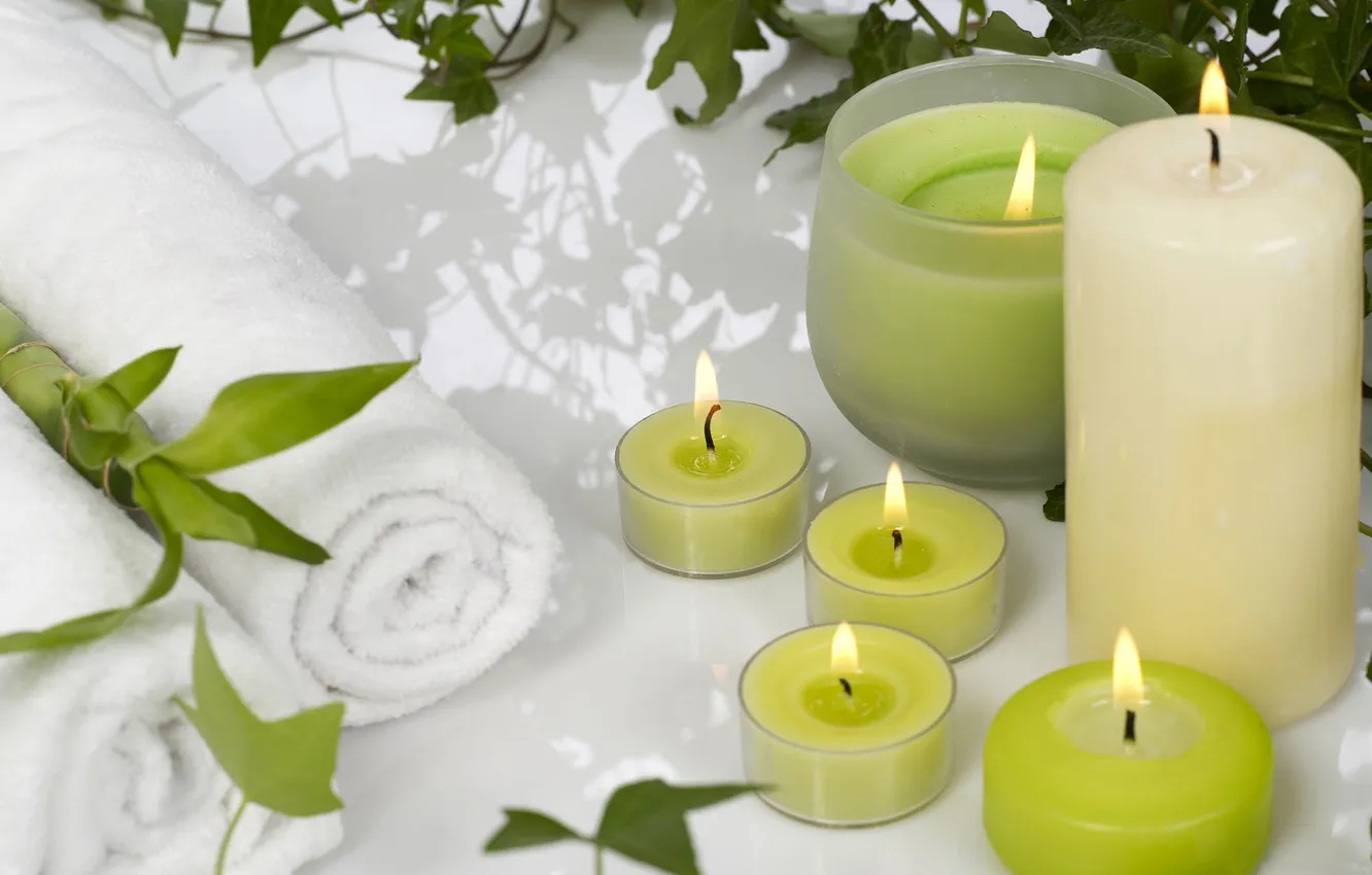 Photo wallpaper green, candles, relaxation, spa