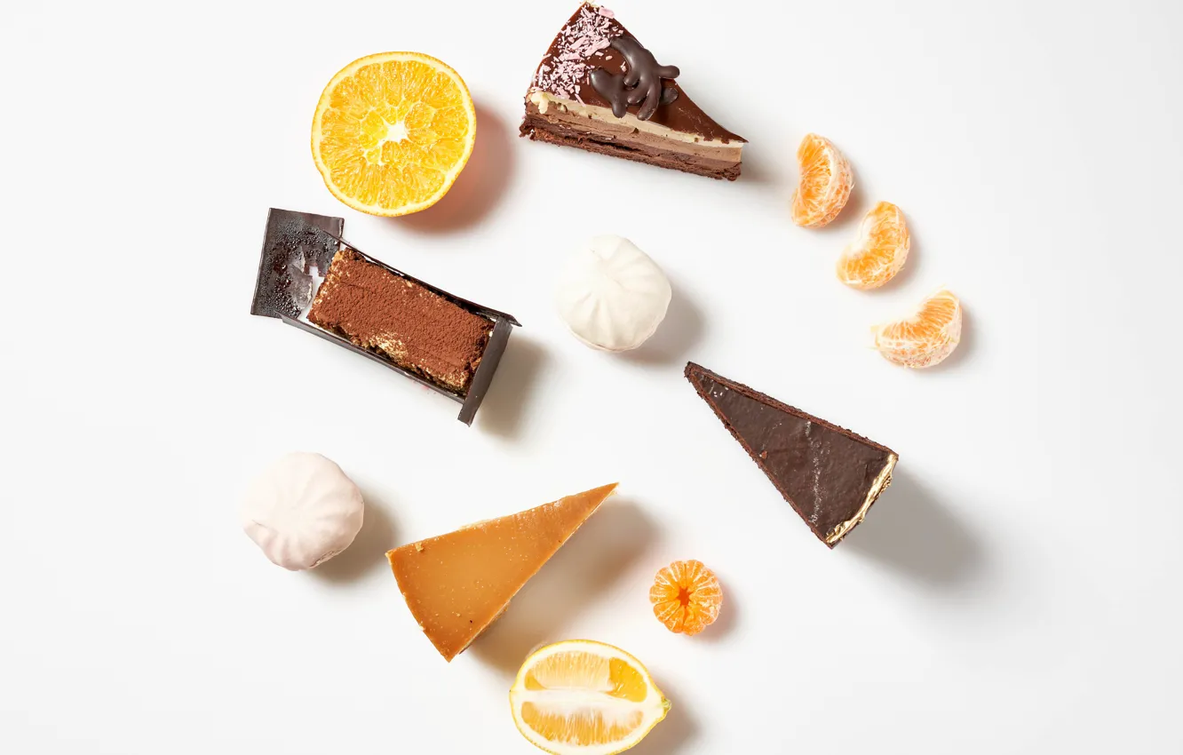 Photo wallpaper lemon, orange, white background, dessert, cakes, slices, Mandarin, marshmallows
