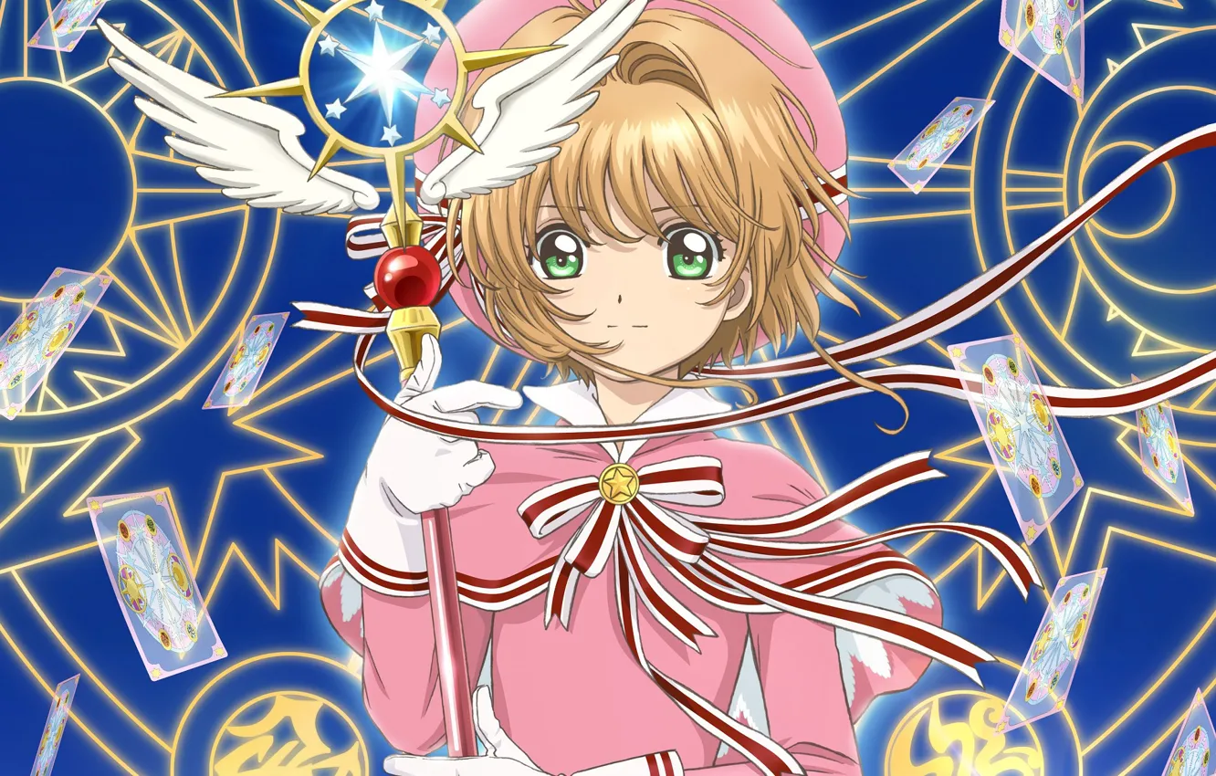 Photo wallpaper look, wings, angel, anime, girl, Card Captor Sakura, pentagram, Sakura - collector cards