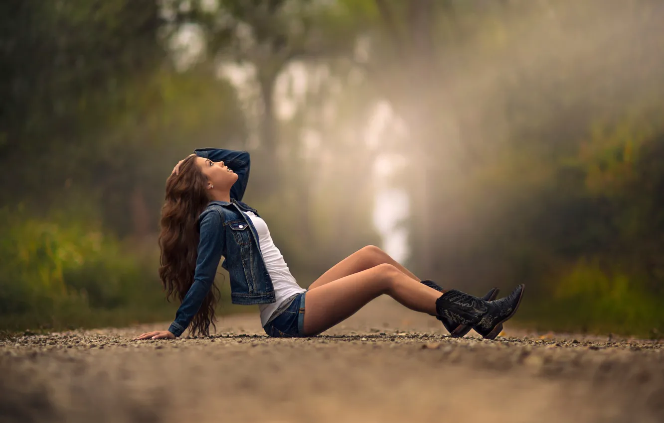 Photo wallpaper road, girl, shorts, boots, legs, jeans