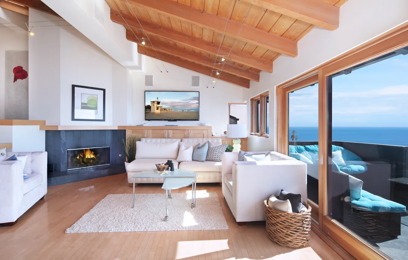 Photo wallpaper sofa, Villa, interior, picture, window, fireplace, design, living room