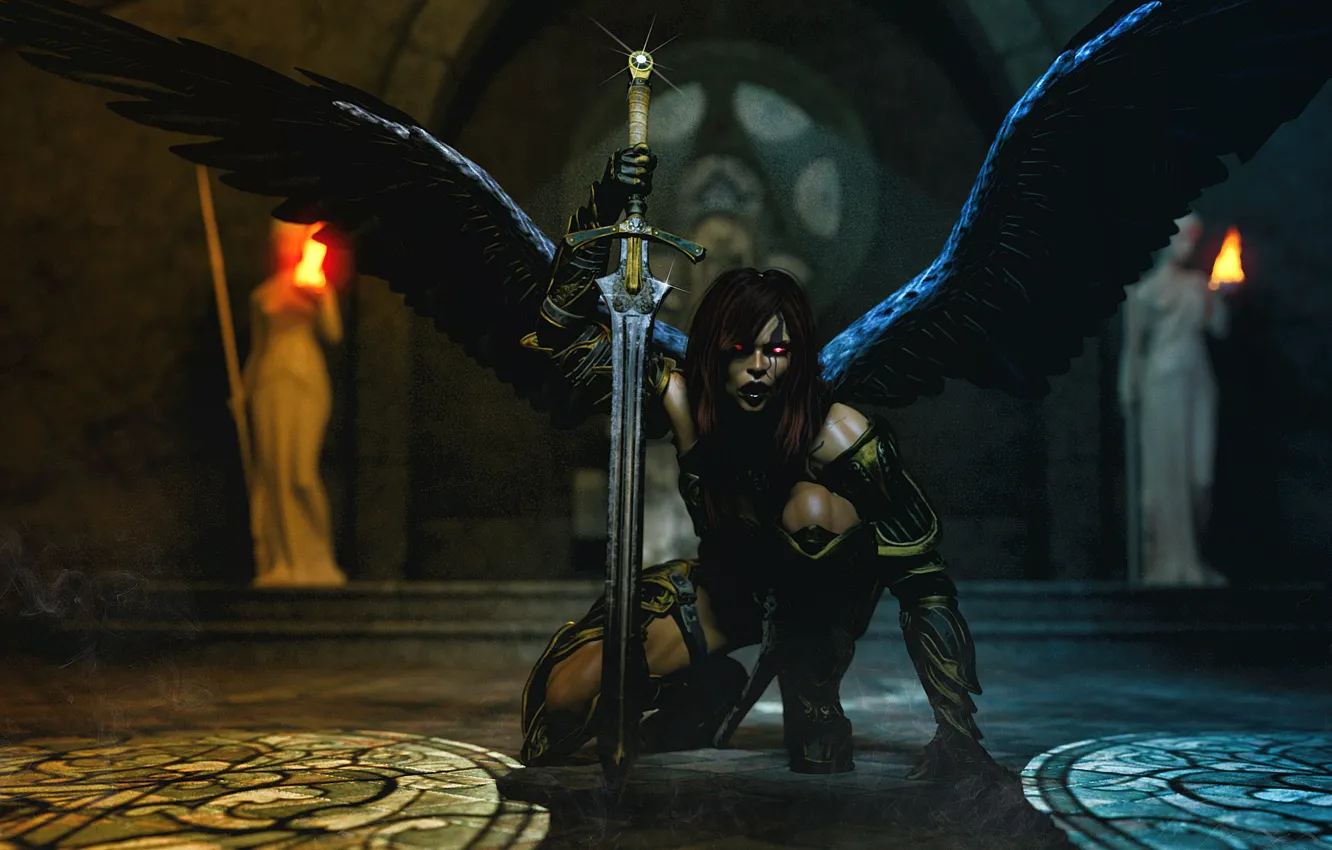 Photo wallpaper girl, wings, the demon, Temple, darkness.