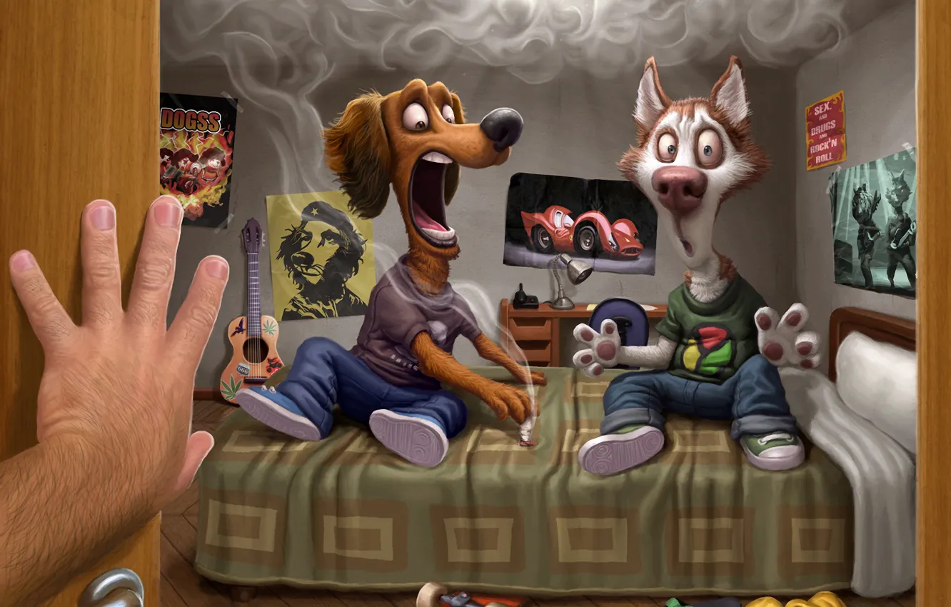 Photo wallpaper room, smoke, dog, the owner