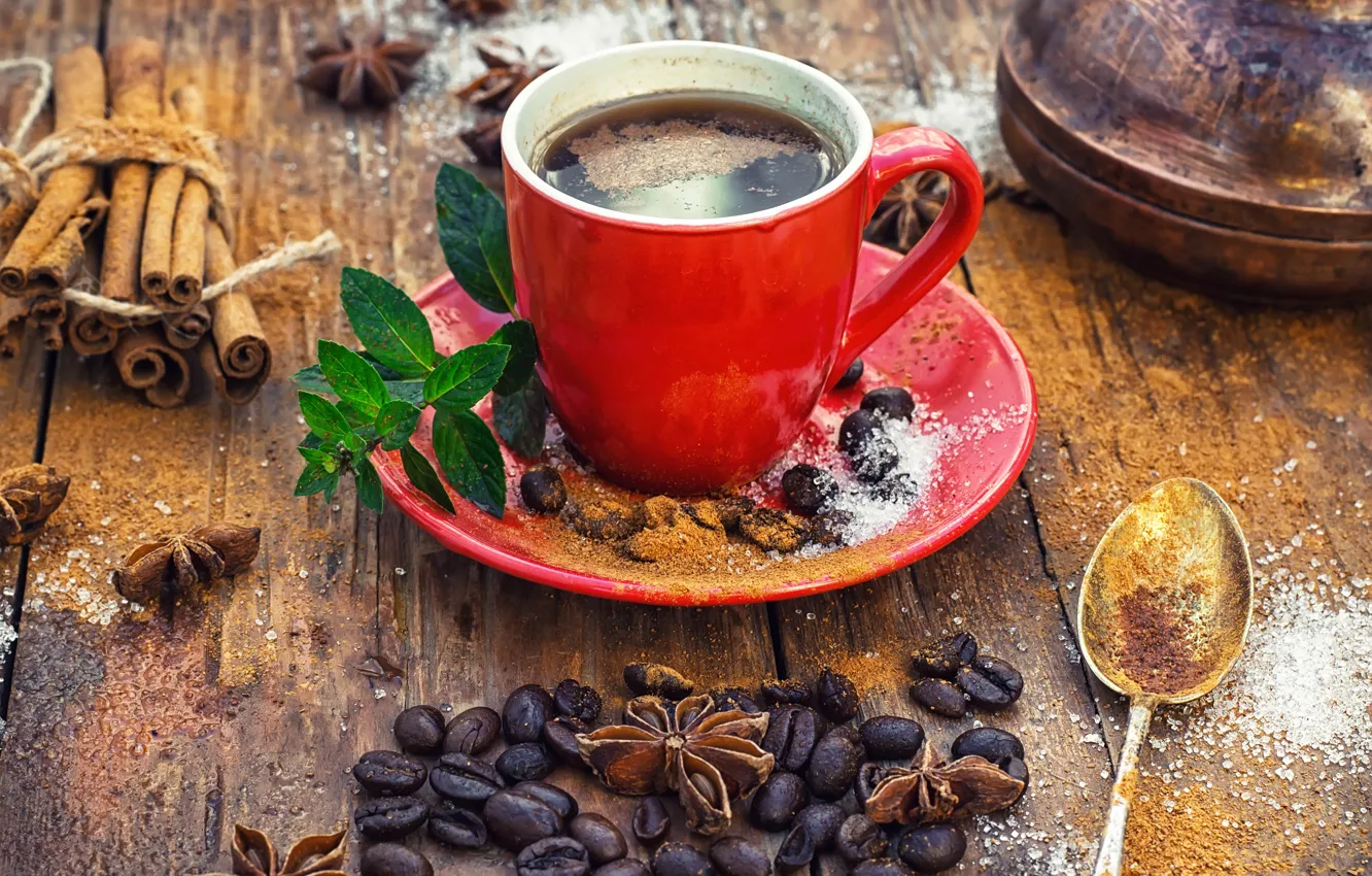 Photo wallpaper coffee, grain, Cup, hot, cinnamon, cup, beans, coffee