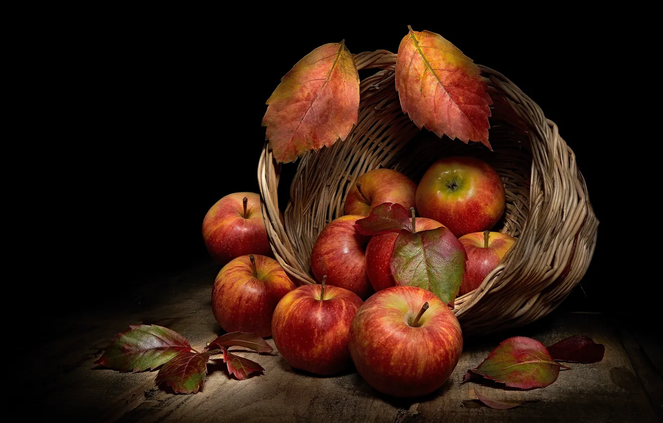 Photo wallpaper leaves, apples, food, fruit, black background, still life, basket, items