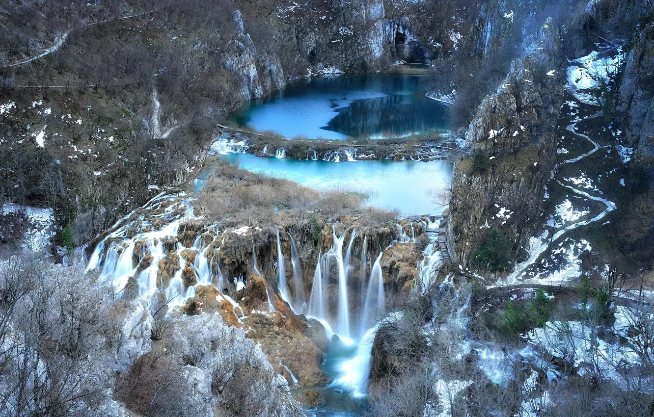 Photo wallpaper lake, rocks, waterfall, The Republic Of Croatia, national park, Plitvice Lakes